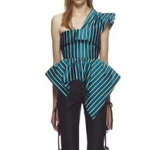 BEULAH Style Asymmetrical Green Striped One Shoulder Blouse Top S